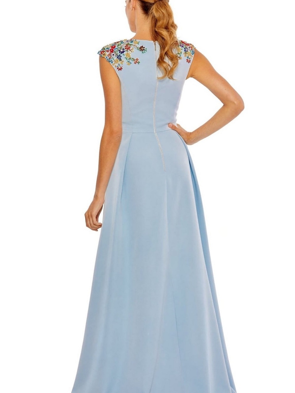 Mac Duggal Light Blue V-Neck Evening Dress with Multicolor Bead Embroidery - Picture 13 of 15